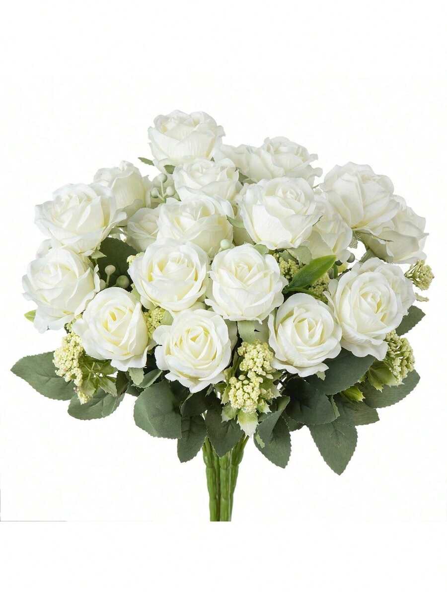 1/3pcs Artificial Silk Rose Flower Bouquet Fake Foam Fruit, Spring Autumn Decor, Valentine's Day Bridal Bouquet Wedding Vase, For Home, Room, Dining Room, Bedroom, Bathroom, Kitchen Decor - White - View 1