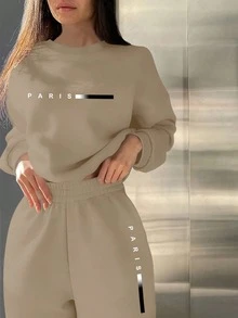 Teen Girl Letter Print Crew Neck Long Sleeve Sweatshirt And Sweatpants Casual Daily Outfit Set - Khaki - View 3