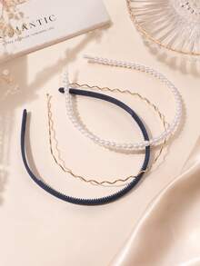 3pcs Girls Fashion Metal Pearl Headbands, Autumn Daily Decoration - Navy Blue - View 7