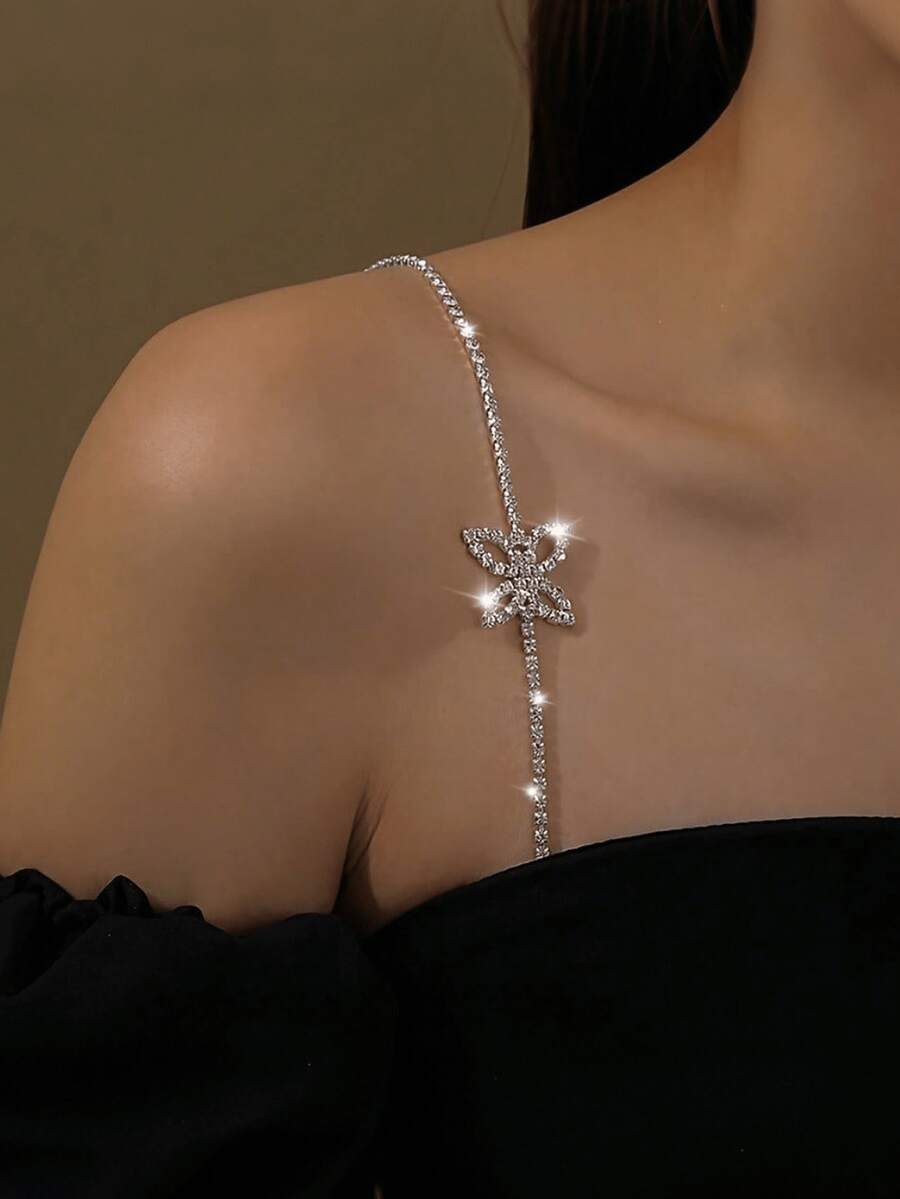 2 piezas Cadena corporal de mariposa elegante y minimalista, accesorio de moda sexy invisible para hombros abiertos, cadena de hombro ajustable con strass - A - Ver 1