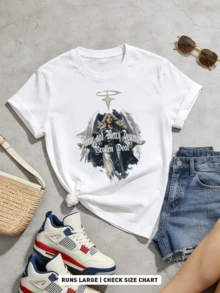 Summer Casual Soft Cotton Printed Crew Neck Short-Sleeve Top With Retro European Street Y2K Style. - White - View 5