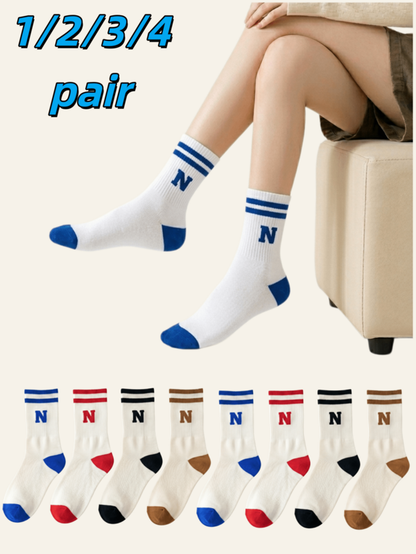 1/2/3/4 Pairs Women's White Letter Print All-Season Street Retro Mid-Calf Socks