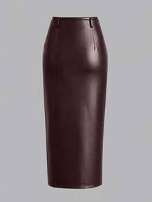 Women's Spring/Summer Black Fashion Elegant PU Leather Long Pencil Skirt With Zipper Slit (No Belt) Casual / Office / Party Skirt - Burgundy - View 3