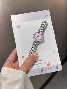 女款石英手錶 優雅銀色錶帶 粉色小錶盤 羅馬數字 女款石英錶 蝴蝶扣不鏽鋼錶帶 時尚休閒手錶 生日禮物 聖誕禮物 女孩理想禮物 - 銀色 - 查看 6