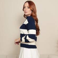 Women's Striped Modal Knit Polo Shirt With Long Sleeves - Navy Blue - View 4