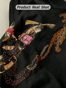 Women's Summer Casual Soft Round Neck Short Sleeve T-Shirt,The Leopard & Luxury Accessory Print Graphic Is Suitable For Daily Wear. - Black - View 3