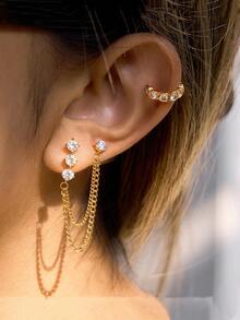 18K Gold Plated 1 Pair Fashion Jewelry Charming Earrings Stainless Steel Gold Plated Multi-Ear Wire Gothic Style Women's Earrings Gift For Sisters Gift For Friends Punk - Multi-diamond Double Ear Wire - View 1