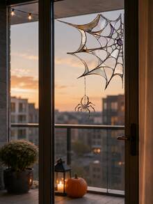 1pc11.81in Halloween Spider Web Static Cling Window Sticker, Double-Sided Visible Stained Glass Style Cobweb Decal With Hanging Spider For Home Window, Glass Door, Party Decor - Spider Web - View 6