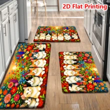 1/2/3 piezas Juego de alfombrillas de cocina con diseño de gato de dibujos animados, suaves y antideslizantes, fáciles de limpiar, de franela para baño, dormitorio, entrada y lavandería, de poliéster lavables a máquina, con respaldo antideslizante, forma rectangular, decoración estilo granja, alfombrilla para lavandería - Rojo - Ver 14