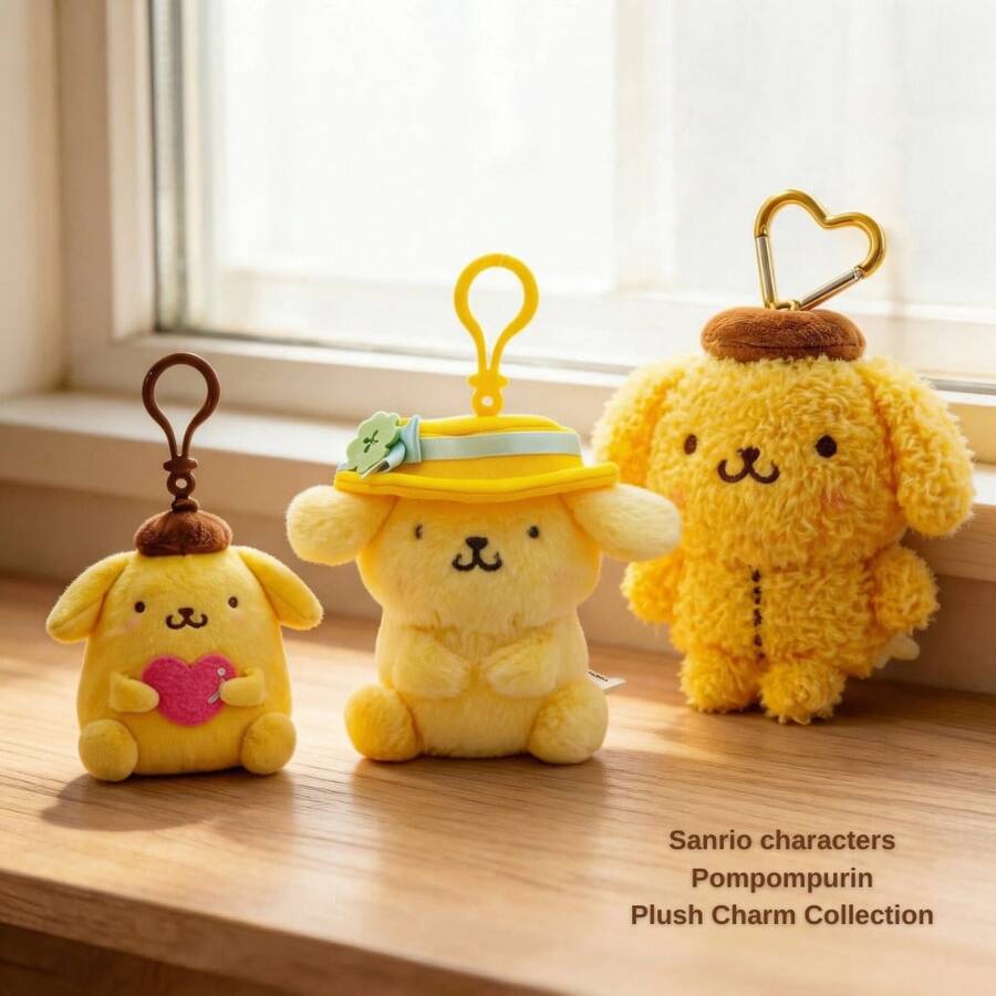 Official Sanrio Pompompurin Heart/Flower/Velvet Plush Charm-Soft And Fluffy Perfect For Attaching To Bags, Keychains, Or Car Keys; Fans Excellent Choice For A Holiday Gift. - Multicolor - View 1