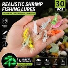 Juego de 30 piezas de señuelos blandos de camarón brillante, 5 colores de señuelos de camarón biónicos fluorescentes con anzuelos, señuelos de pesca de silicona realistas, adecuados para la pesca nocturna en agua dulce y salada - 30 piezas por caja - Ver 3