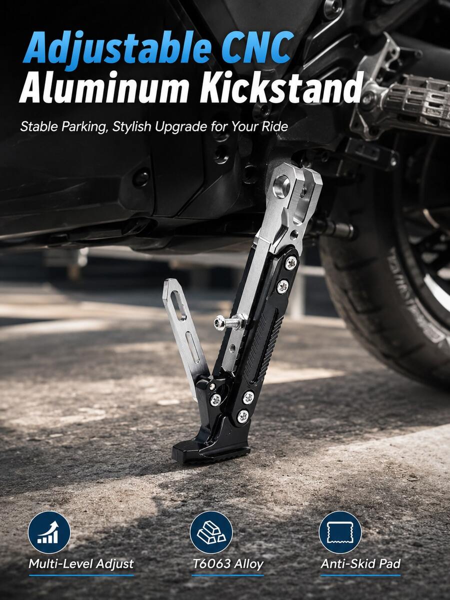 Adjustable CNC Aluminum Alloy Motorcycle Side Stand, With Anti-Slip Pad And 2-Level Height Adjustment, Universal For Scooters, Electric Bikes, Motorcycles, Racing Grade Side Support Bracket, 200KG Load Capacity, Multiple Colors Available, Easy Installation