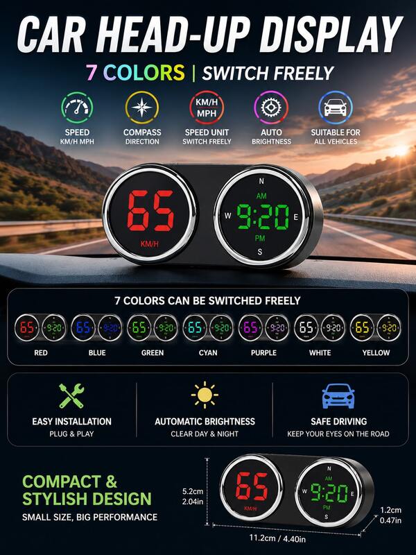 Digital GPS Speedometer For Car Truck SUV, HUD Driving Display With Real-Time MPH/KM/H Monitoring, USB Plug & Play Dashboard Gauge, Auto Accessories Gift For Men Women, 7 Color Screen, Summer Essential