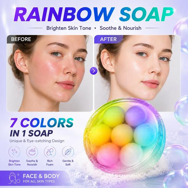 Jabón de baño artesanal blanqueador con vitaminas arcoíris, fórmula suave de limpieza e hidratación para rostro y Body, incluye estropajo y plato de jabón