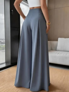 Women's Loose-Fitting Wide-Leg Pants, Solid Color, With Front Buttons And Pleats, Sizes S, M, L - Grey - View 3