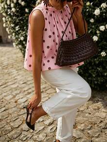 Nueva blusa casual de mujer con lazo, de tela tejida, sin espalda, sin mangas, con estampado de lunares, top tipo camiseta para primavera/verano y vacaciones - Lunares rosas - Ver 7