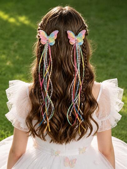 2pcs Shiny Butterfly Tassel Hair Clips, Ombre Butterfly Hair Clips, Cute Hair Accessories For Daily Wear & Weddings, Suitable For Teenagers