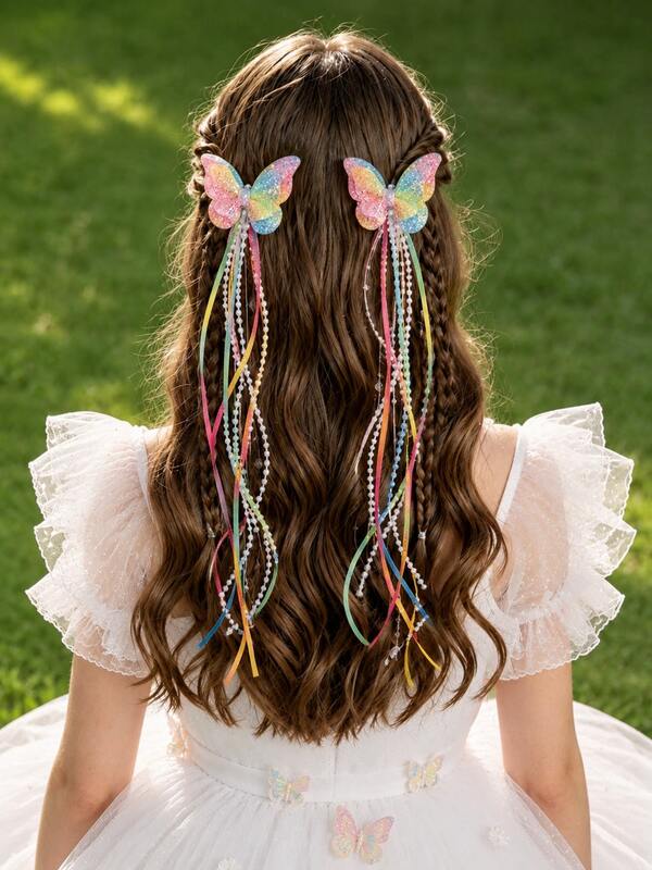 2pcs Shiny Butterfly Tassel Hair Clips, Ombre Butterfly Hair Clips, Cute Hair Accessories For Daily Wear & Weddings, Suitable For Teenagers