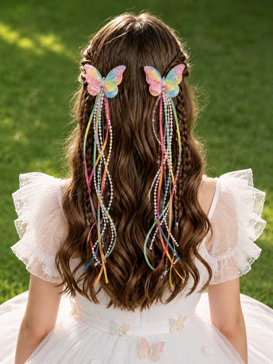 2pcs Shiny Butterfly Tassel Hair Clips, Ombre Butterfly Hair Clips, Cute Hair Accessories For Daily Wear & Weddings, Suitable For Teenagers - Multicolor - View 1