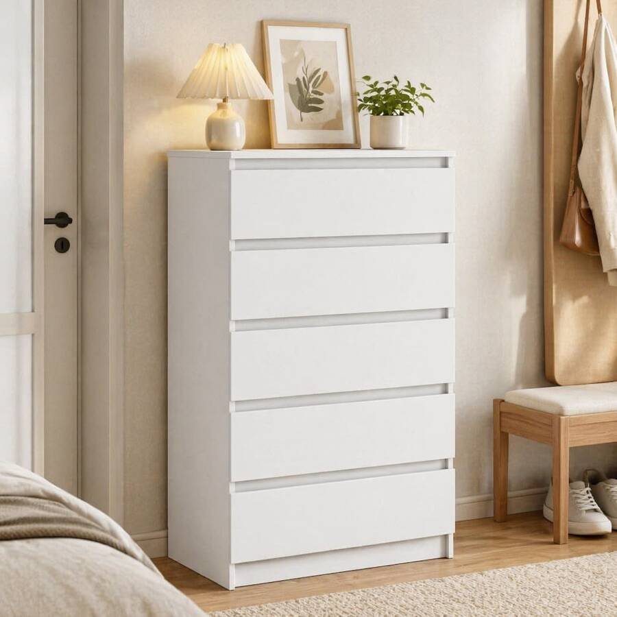 Cómoda blanca Joinmee 60x36x103 cm con 5 cajones, cajonera de madera de ingeniería para dormitorio, salón, recibidor y apartamento - Blanco - Ver 1