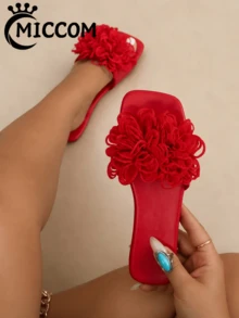 MICCOM Women's Summer 2024 Square Toe Flat Plus Size Sexy Slide Sandals, Fashionable White Flat Sandals To Match Skirts - Red - View 1