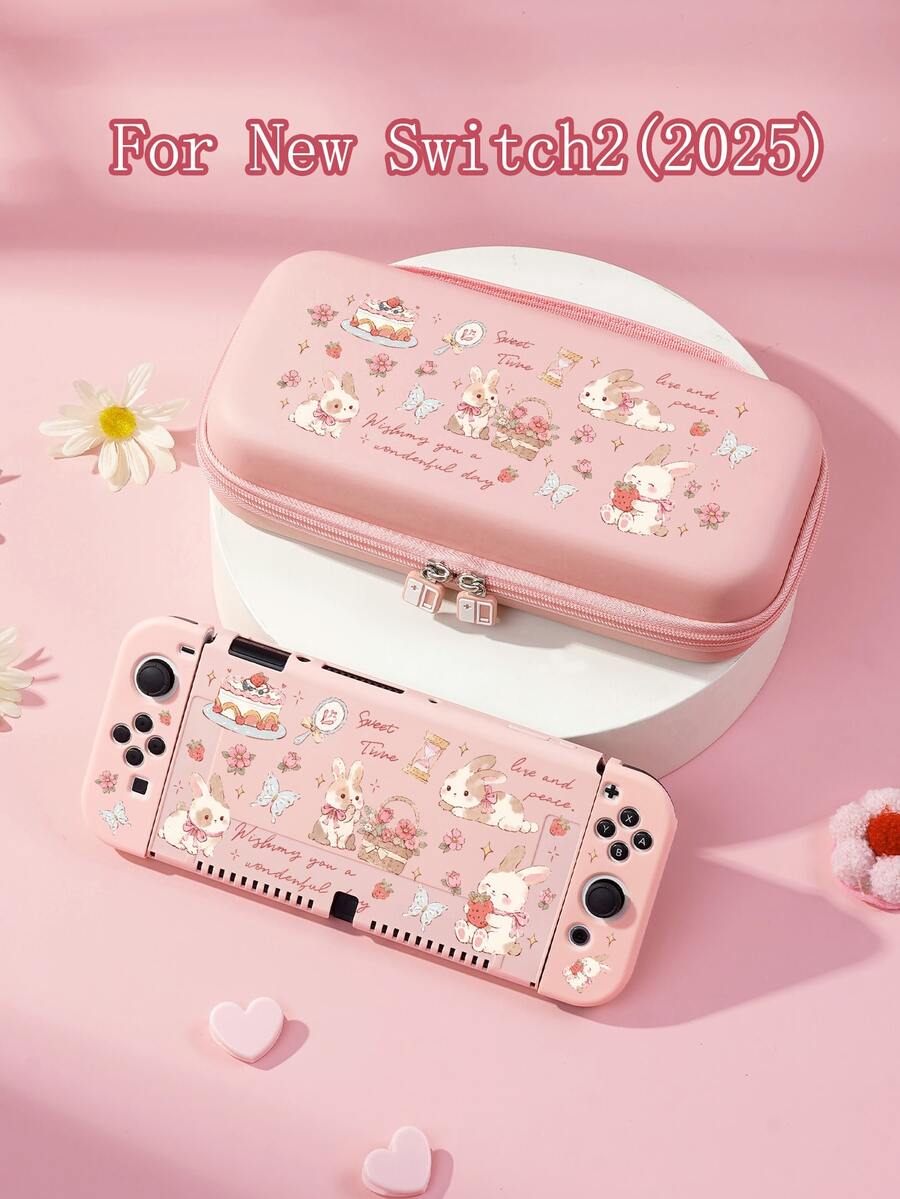 New Switch 2 (2025) Game Console Accessories, Kids Rose & Rabbit Print Pattern Switch Protective Case/Hard Transparent Glitter Shell, Compatible With Switch 2/Switch NS/Switch OLED/Lite, Suitable For Switch 2/Switch Game Console Accessories, Full Set Bundle, Storage Bag, Card-Insertable Dock, Switch Protective Case, Best Gift For Switch Players - Multicolor - View 1