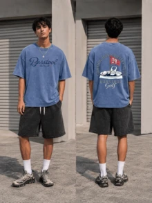 Men's Vintage Golf Club Graphic T-Shirt, Bastrol Manor Retro Country Club Print, Washed Cotton Casual Streetwear Tee - 寶藍色 - 查看 2