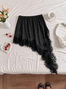 HUACAITA Solid Color Casual Asymmetric/Asymmetrical Pocket Daily Beach Spring/Summer Skirt - Black - View 3