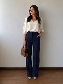 3/4 Length Polyester Blouse, Contrast Knit, Sizes M To XL, Perfect For Daily Wear, Holidays, Office, Home, And Autumn. - 米白色 - 查看 2