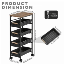5-Tier Slim Storage Trolley With Wooden Top - Black - View 6