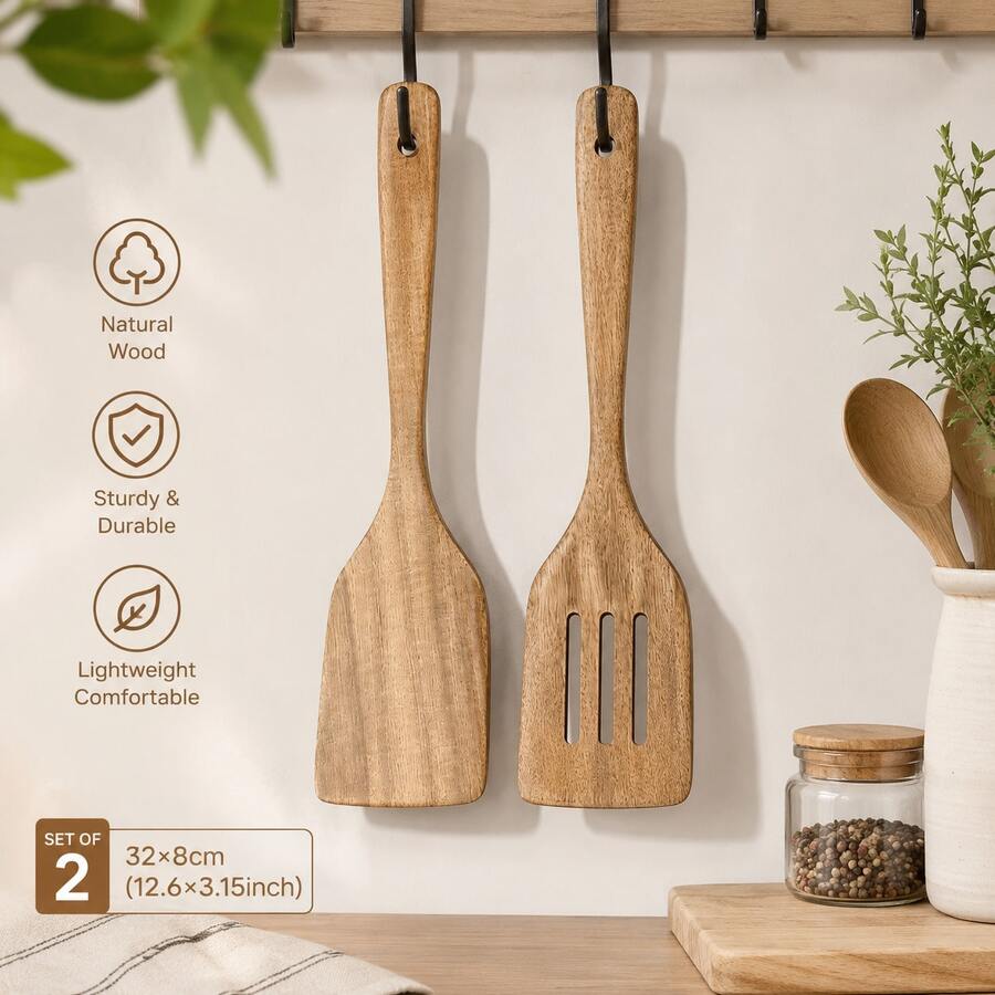2PCS/1PC Acacia Wood Spatula Set Wooden Cooking Utensil Set - Brown - View 1