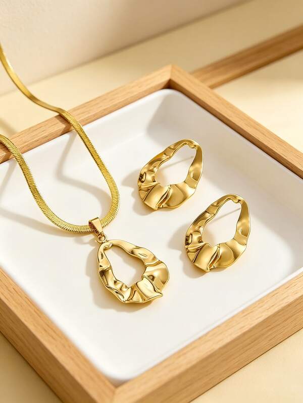Fashion Geometric Pendant Earring Set, Women's Necklace And Earring Set, Asymmetrical Geometric Gold-Plated Fashion Statement Jewelry, Pendant Necklace And Earrings, Charming Fashion Jewelry Accessories, Holiday Party Gift