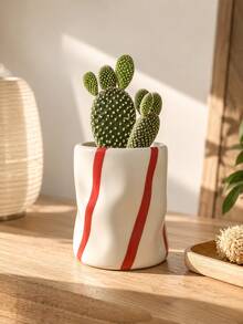 Korean Ins Minimalist Style Three-Color Striped Design Handmade Asymmetrical Wavy Resin Cup, Glossy Ceramic Texture, Multi-Functional Succulent Plant Pot & Cosmetic Storage Box, Dressing Table Decor Small Gift - Striped Wavy Flower Pot - View 8