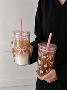 1個甜美風蝴蝶結雛菊印花透明吸管杯，粉色蓋防漏少女風冷飲杯，大容量自製奶茶杯，開學第一天適用 - 粉色 - 查看 8