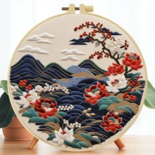 1套刺繡套裝，尺寸15*15cm/5.9*5.9in-20*20cm/7.9*7.9in，主題：美麗風景，附刺繡圈，手工DIY刺繡套裝，適合成人與初學者，包含說明書、印花布料、刺繡圈、針與線，可用作家居裝飾，送給家人和朋友的禮物 - A - 查看 10
