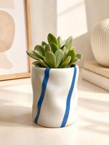 Korean Ins Minimalist Style Three-Color Striped Design Handmade Asymmetrical Wavy Resin Cup, Glossy Ceramic Texture, Multi-Functional Succulent Plant Pot & Cosmetic Storage Box, Dressing Table Decor Small Gift - Striped Wavy Flower Pot - View 7