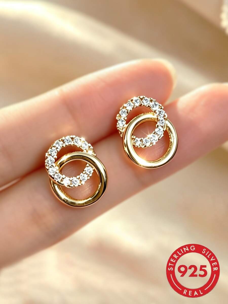 1 Paar S925 Sterlingsilber mit synthetischem Zirkonia besetzte ineinandergreifende Doppel-Creolen-Ohrstecker, eleganter hochwertiger Schmuck für den täglichen Gebrauch von Frauen - Goldgelb - Übersicht 1