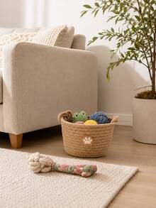 1 Khaki Hand Woven Storage Basket For Storing Small Pet Toys, 1 Handmade Rope Storage Box For Filling Cat And Dog Balls, And A Portable Pet Supplies Storage Container Essential For Family Bedrooms - Khaki - View 1