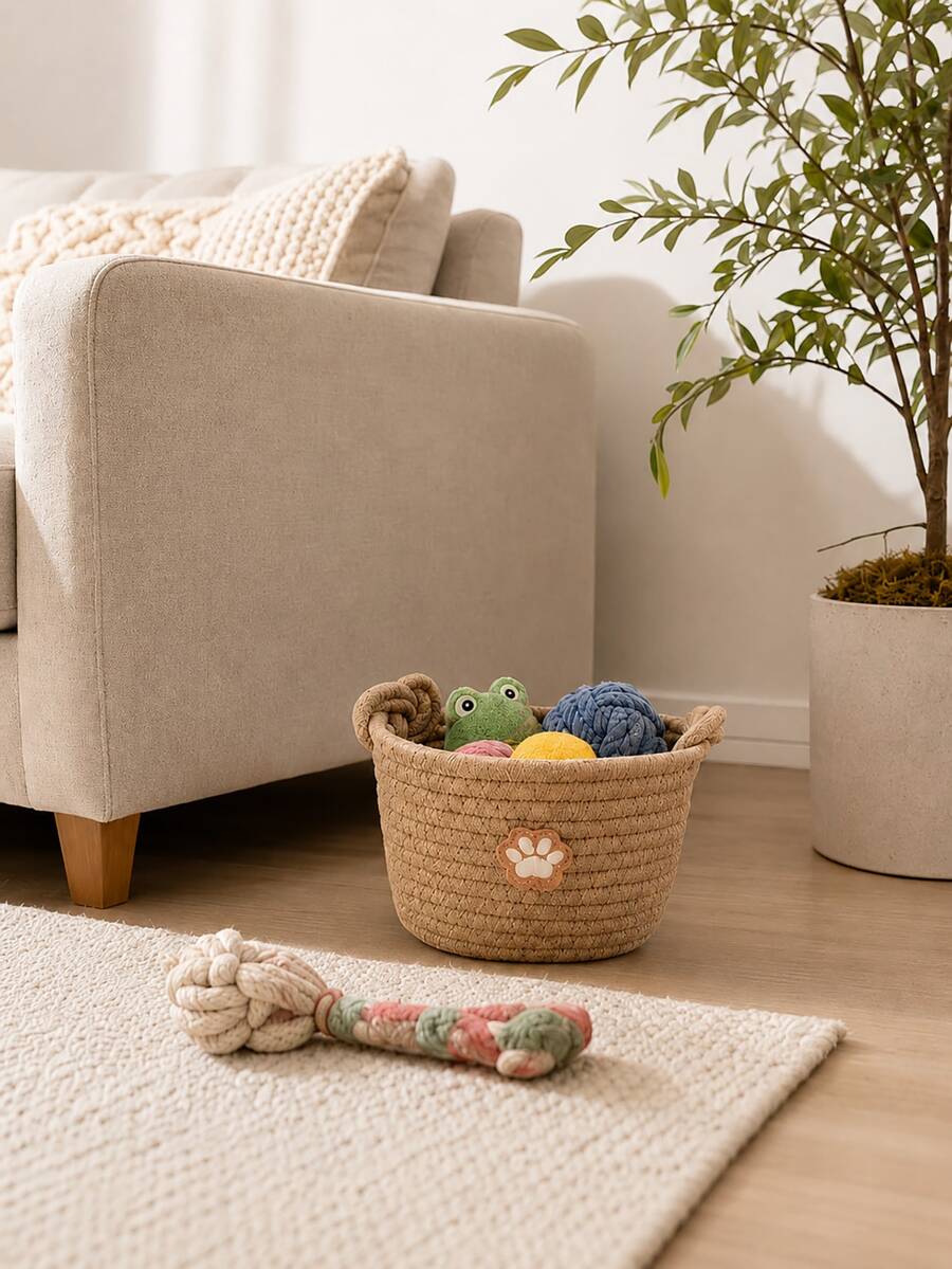 1 Khaki Hand Woven Storage Basket For Storing Small Pet Toys, 1 Handmade Rope Storage Box For Filling Cat And Dog Balls, And A Portable Pet Supplies Storage Container Essential For Family Bedrooms - Khaki - View 1