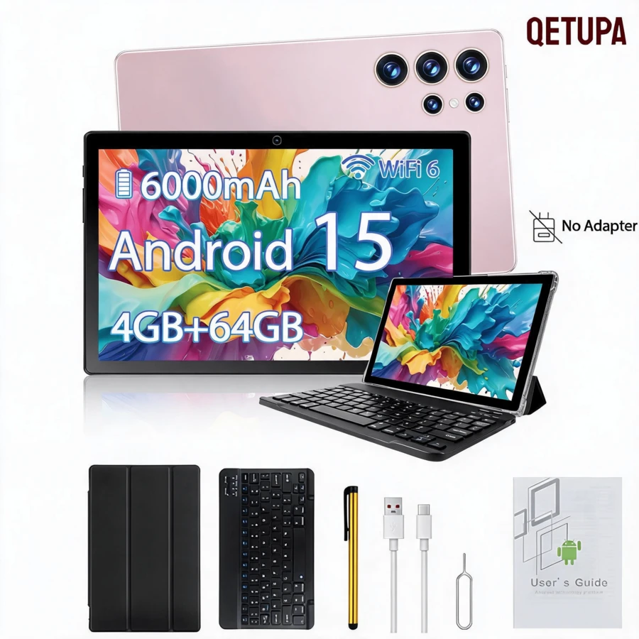 Qetupa Android 15 Tablet PC, 10.1 Inch 4GB RAM+64GB ROM, MTK 6797 Octa-Core 2.0GHz Processor, HD (1280x800) IPS Touchscreen, 5MP Front Camera And 13MP Rear Camera, 6000mAh Large Battery, Bluetooth 5.2 And 802.11ac WiFi 5, GPS(No Adapter) - Gold With Keyboard - View 1