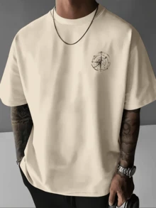 Camiseta De Hombre manga corta con cuello redondo y estampado de letras, adecuada para deportes casuales de verano. - Caqui - Ver 3