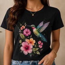 Camiseta mujer con colibrí y flores coloridas, playera manga corta dama, blusa casual juvenil para verano, cuello redondo, ropa femenina cómoda - Negro - Ver 1