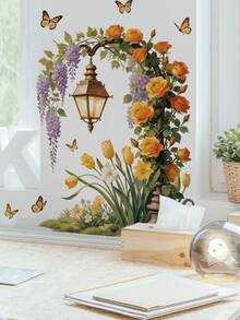 1pc Rose Tulip Purple Bellflower Floral Street Lamp Butterfly Wall Decor Sticker Window Decal Removable Room Decor Wall Sticker For Bedroom Living Room - 1PC - View 5