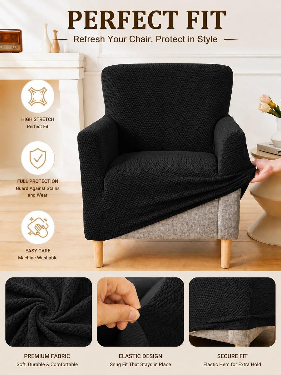 1pc Jacquard Stretch Sofa Cover, Elastic Sofa Protector, Anti-Slip Soft Durable Fabric, Pet & Child Friendly, Easy Installation, Wrinkle-Resistant, Machine Washable, Single Seat Cushion Cover, Sofa Protector, Living Room Home Decor, 90x140cm - Black - View 1