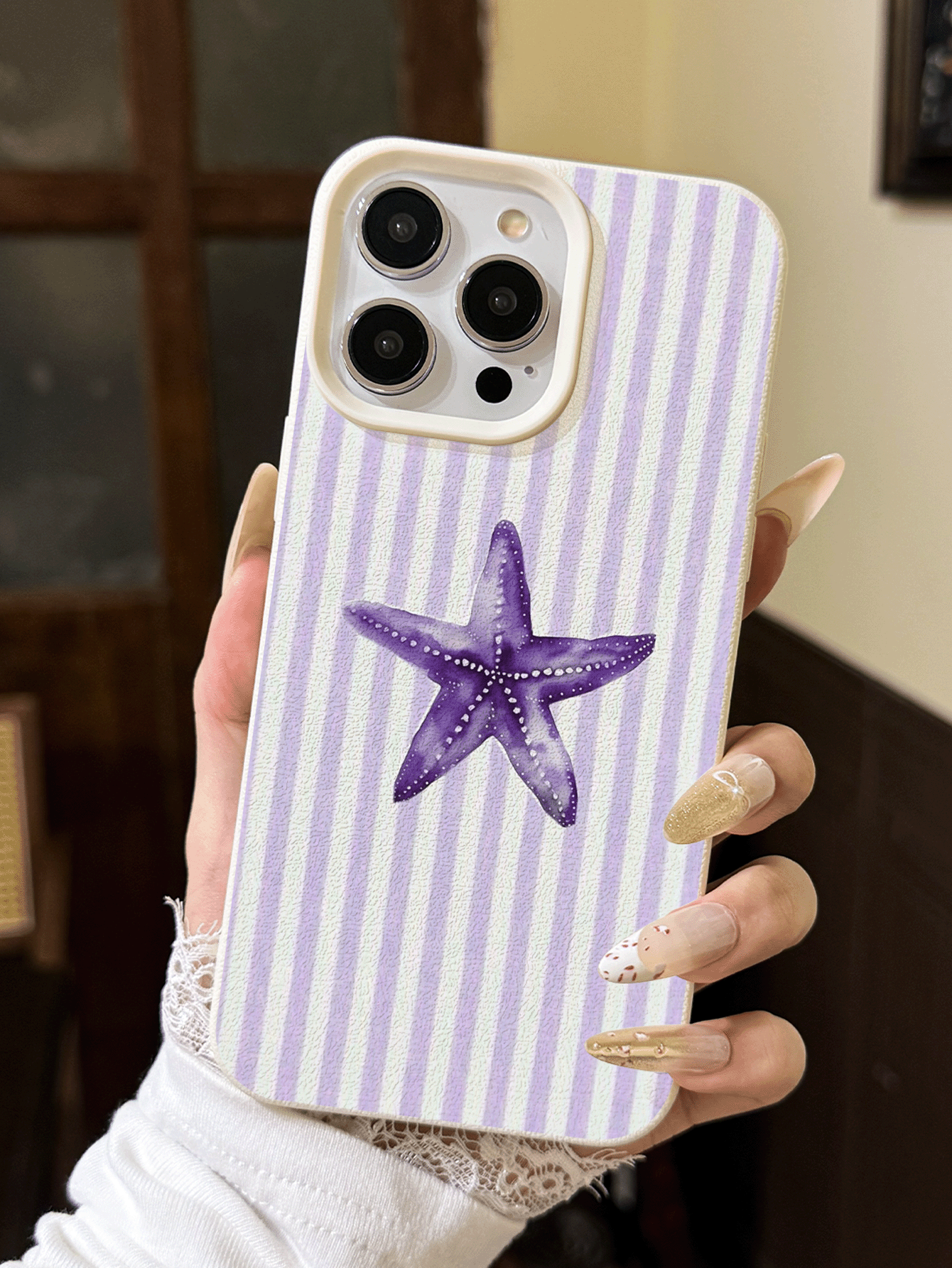Summer Striped Starfish TPU Anti-Scratch Anti-Drop Phone Case Compatible With Apple XS/XR/11/12/13/14/15/16/13 Pro Max/16 Pro Max/14 Plus/17/17 Pro Max And Galaxy A35/S24/A16/S24 FE/S20/S22 Plus/S25 Ultra/S25/S22/S21/A33/5G/A12/A15/A23/A52/5G/S21 And Other Models - Mauve Purple - View 1