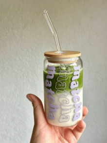 1組透明粉色字母抹茶玻璃吸管杯含蓋與吸管，冰咖啡玻璃吸管杯，玻璃吸管杯飲具，抹茶愛好者必備吸管杯，時尚玻璃吸管杯 - 彩色 - 查看 16