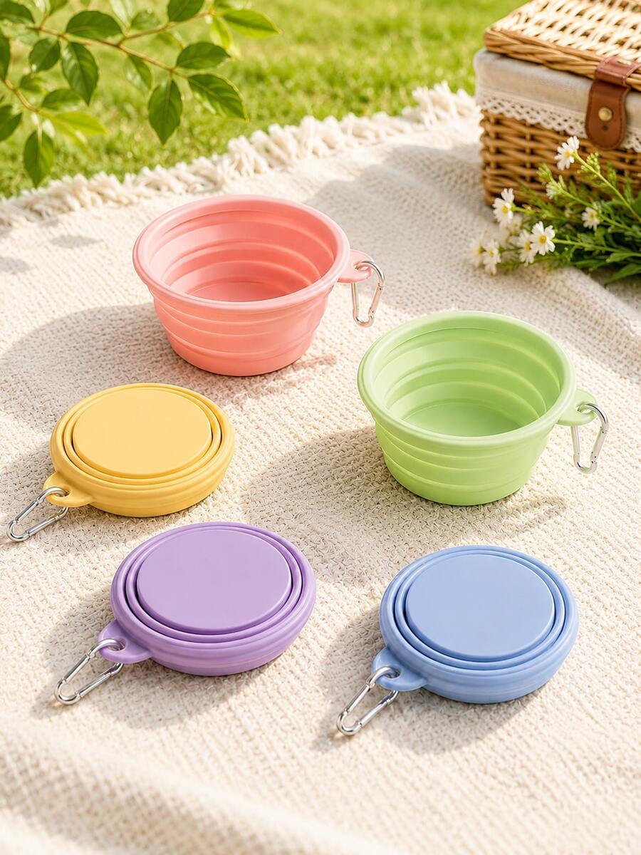 4pcs Portable Collapsible Silicone Pet Bowls, Foldable Dog & Cat Feeding Bowls With Clip-On Carabiner, Multi-Color Travel Water & Food Bowls For Walking, Camping, Outdoor Use - Random Color - View 1