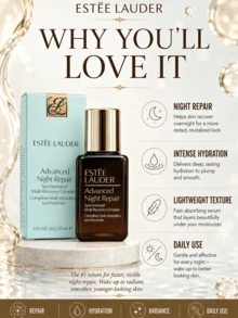 Estée Lauder 雅詩蘭黛特潤修護精華液，高端面部精華液，提供3種尺寸：正裝15ml/試用裝7ml/體驗裝1.5ml，3天對抗「夜間疲勞老化」，2週內提亮膚色26%，減少頑固皺紋10%，提升緊緻度10%，全週期修復光損傷，93%使用者認同恢復時間縮短，89%使用者認同效果提升，含雙歧桿菌發酵產物溶胞物與猴麵包樹種子萃取，值得信賴的夜間細胞修復，適合所有膚質 - 雅詩蘭黛特潤修護肌活精華露 - 查看 8