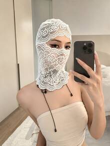 1pc Vintage Floral Lace Balaclava Hat, Sheer Scalloped Edge Full Face Cover Head Wrap For Women Party Cosplay,Halloween - A - View 3