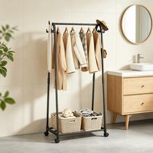 Thickened Sturdy Floor Drying Rack, Coat Rack With Universal Wheels Movable Clothes Rack, Bedroom With Storage Shelf, Strong Load-Bearing And Space-Saving - Single and Double Clothes Hangers - View 4